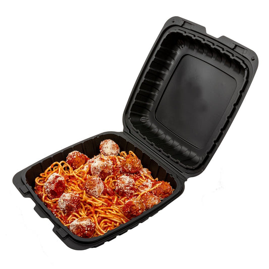AmerCareRoyal Take-Out/Dine-In/Take Out Packaging/Take Out Food Boxes Case of 150 9" x 9" x 3" Large Mineral Filled PP Black Clamshell/Hinged Lid Containers, Case of 150 or Pallet (30 Cases)