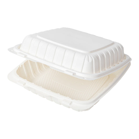 AmerCareRoyal Take-Out/Dine-In/Take Out Packaging/Take Out Food Boxes 9" x 9" x 3" Large Mineral Filled PP White Clamshell/Hinged Lid Containers, Case of 150 or Pallet (30 Cases)
