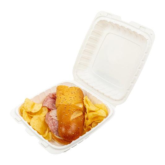 AmerCareRoyal Take-Out/Dine-In/Take Out Packaging/Take Out Food Boxes Case of 150 9" x 9" x 3" Large Mineral Filled PP White Clamshell/Hinged Lid Containers, Case of 150 or Pallet (30 Cases)