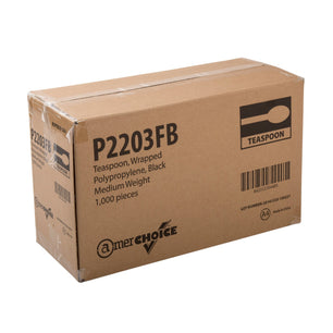 AmerCareRoyal Take-Out/Dine-In/Disposable Cutlery And Utensils/Disposable Cutlery/Disposable Spoons Medium Weight Black Polypropylene Individually Wrapped Teaspoons, Case of 1,000