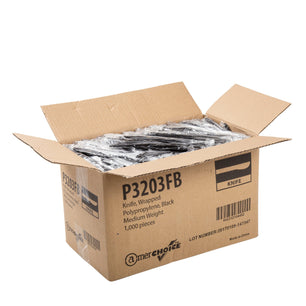 AmerCareRoyal Take-Out/Dine-In/Disposable Cutlery And Utensils/Disposable Cutlery/Disposable Knives Medium Weight Black Polypropylene Individually Wrapped Knives, Case of 1,000