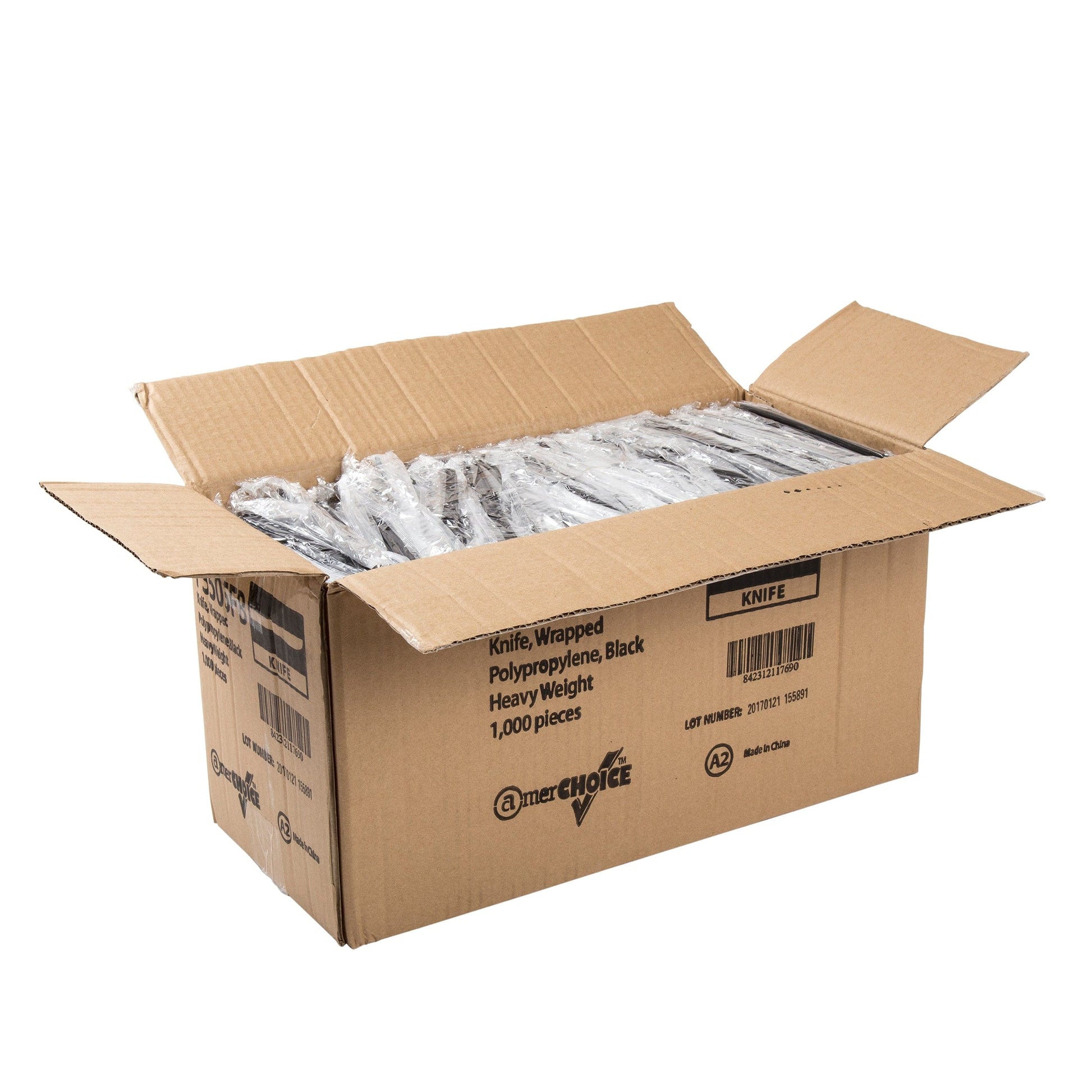 AmerCareRoyal Take-Out/Dine-In/Disposable Cutlery and Utensils/Cutlery/Knives Heavy Weight Black Polypropylene Individually Wrapped Knives, Case of 1,000