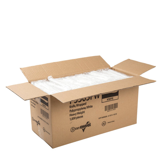 AmerCareRoyal Take-Out/Dine-In/Disposable Cutlery And Utensils/Disposable Cutlery/Disposable Knives Heavy Weight White Polypropylene Individually Wrapped Knives, Case of 1,000