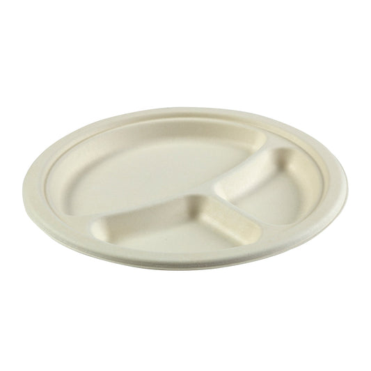 CiboWares.com Take-Out/Dine-In/Disposable Tableware/Disposable Plates 9" - 3 Section Round Heavy Molded Fiber Plates, Case of 500
