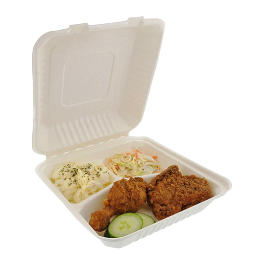 CiboWares.com Take-Out/Dine-In/Take Out Packaging/Take Out Food Boxes 9" x 9" x 3.19"  Large 3 Section Molded Fiber Deep Hinged Lid Containers, PLA Lined, Case of 160