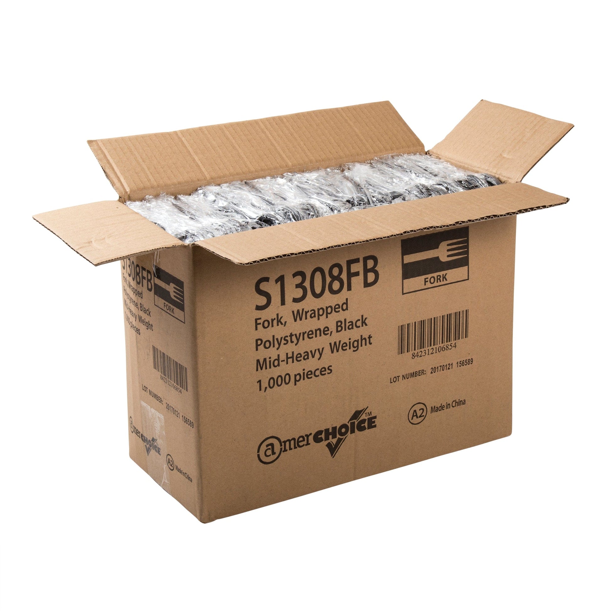 AmerCareRoyal Take-Out/Dine-In/Disposable Cutlery And Utensils/Disposable Cutlery/Disposable Forks Medium Heavy Black Polystyrene Individually Wrapped Forks, Case of 1,000