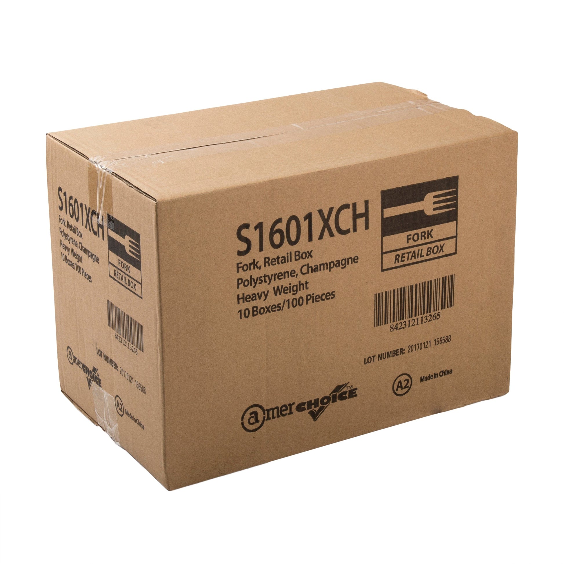 AmerCareRoyal Take-Out/Dine-In/Disposable Cutlery And Utensils/Disposable Cutlery/Disposable Forks Heavy Champagne Retail Boxed Polystyrene Forks, Case of 1,000