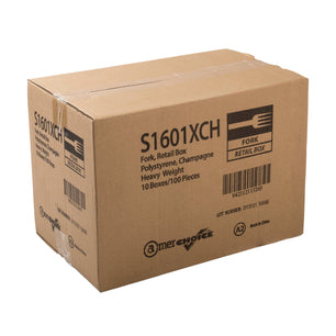 AmerCareRoyal Take-Out/Dine-In/Disposable Cutlery And Utensils/Disposable Cutlery/Disposable Forks Heavy Champagne Retail Boxed Polystyrene Forks, Case of 1,000