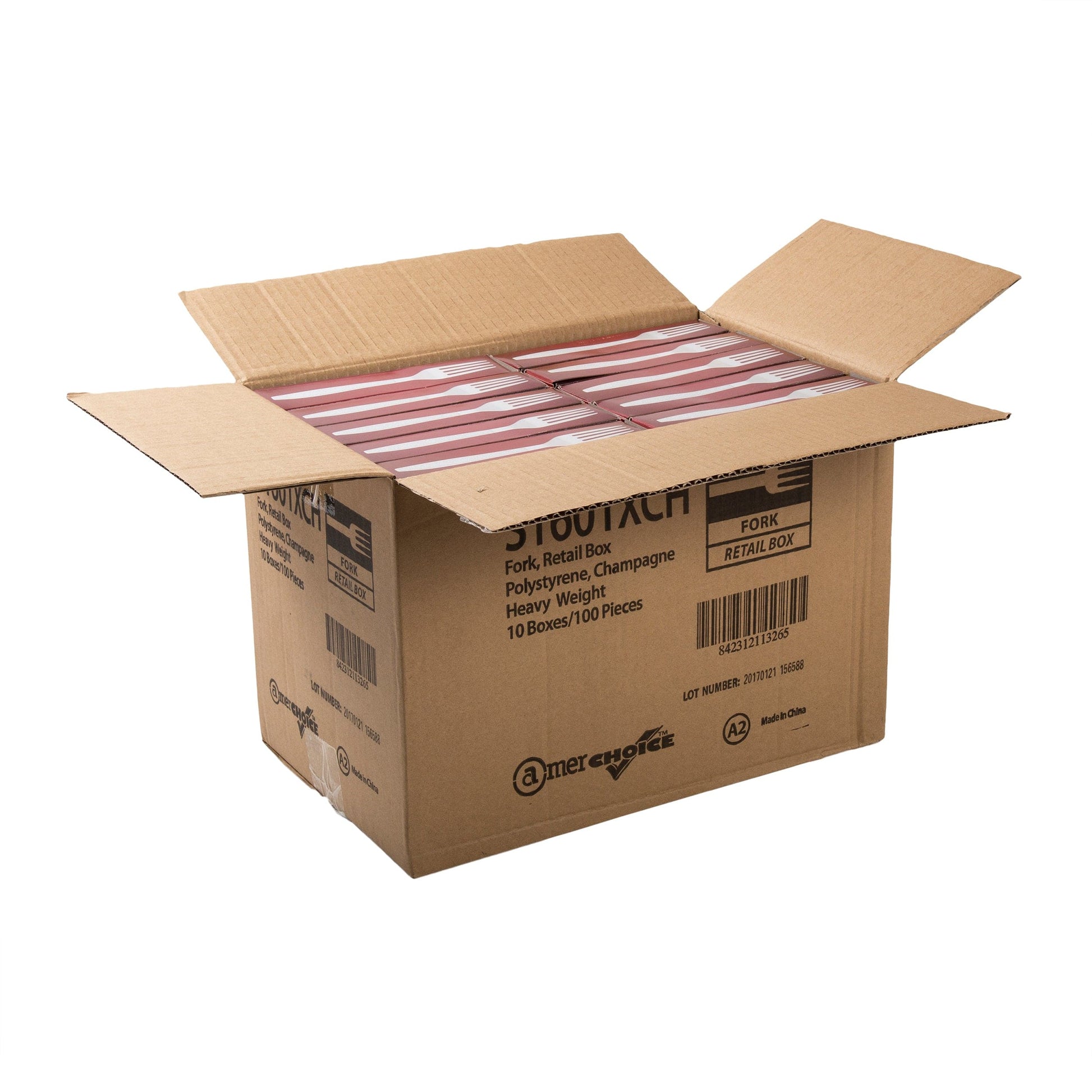 AmerCareRoyal Take-Out/Dine-In/Disposable Cutlery And Utensils/Disposable Cutlery/Disposable Forks Heavy Champagne Retail Boxed Polystyrene Forks, Case of 1,000