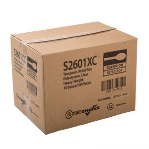 AmerCareRoyal Take-Out/Dine-In/Disposable Cutlery And Utensils/Disposable Cutlery/Disposable Spoons Heavy Clear Retail Boxed Polystyrene Teaspoons, Case of 1,000