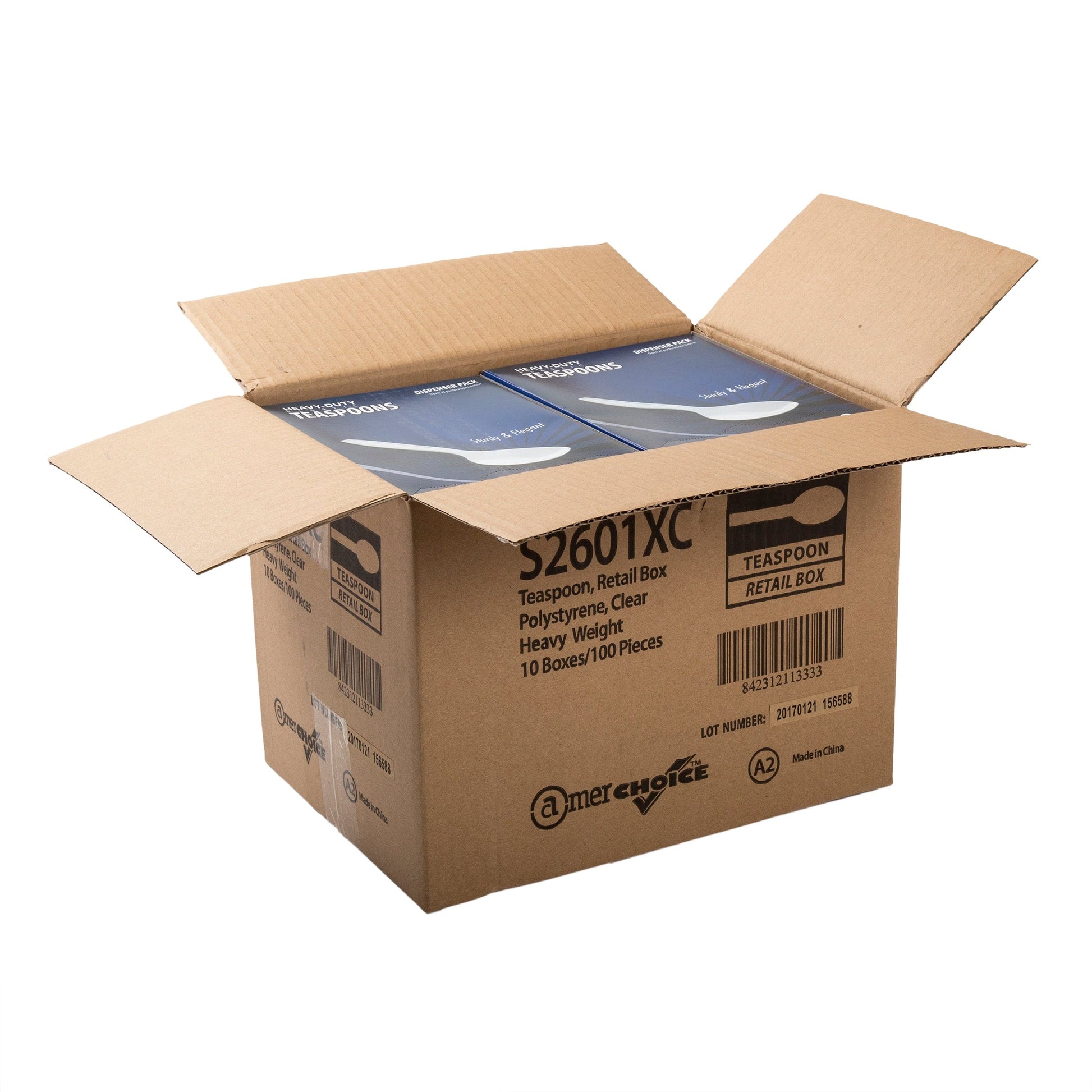 AmerCareRoyal Take-Out/Dine-In/Disposable Cutlery And Utensils/Disposable Cutlery/Disposable Spoons Heavy Clear Retail Boxed Polystyrene Teaspoons, Case of 1,000