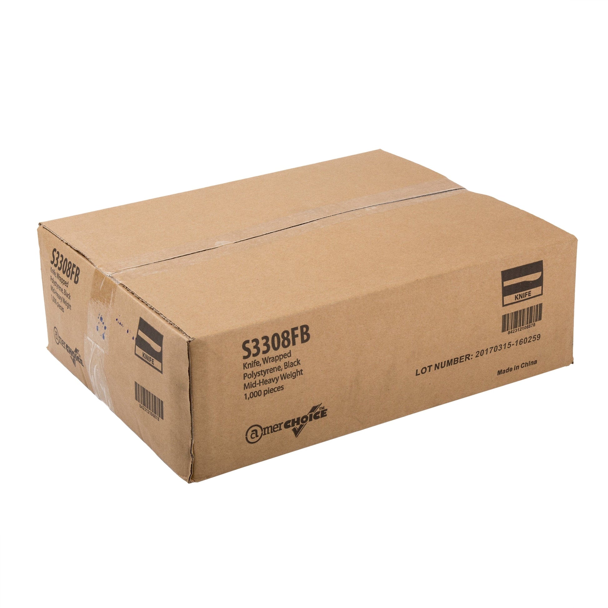 AmerCareRoyal Take-Out/Dine-In/Disposable Cutlery And Utensils/Disposable Cutlery/Disposable Knives Medium Heavy Black Polystyrene Individually Wrapped Knives, Case of 1,000