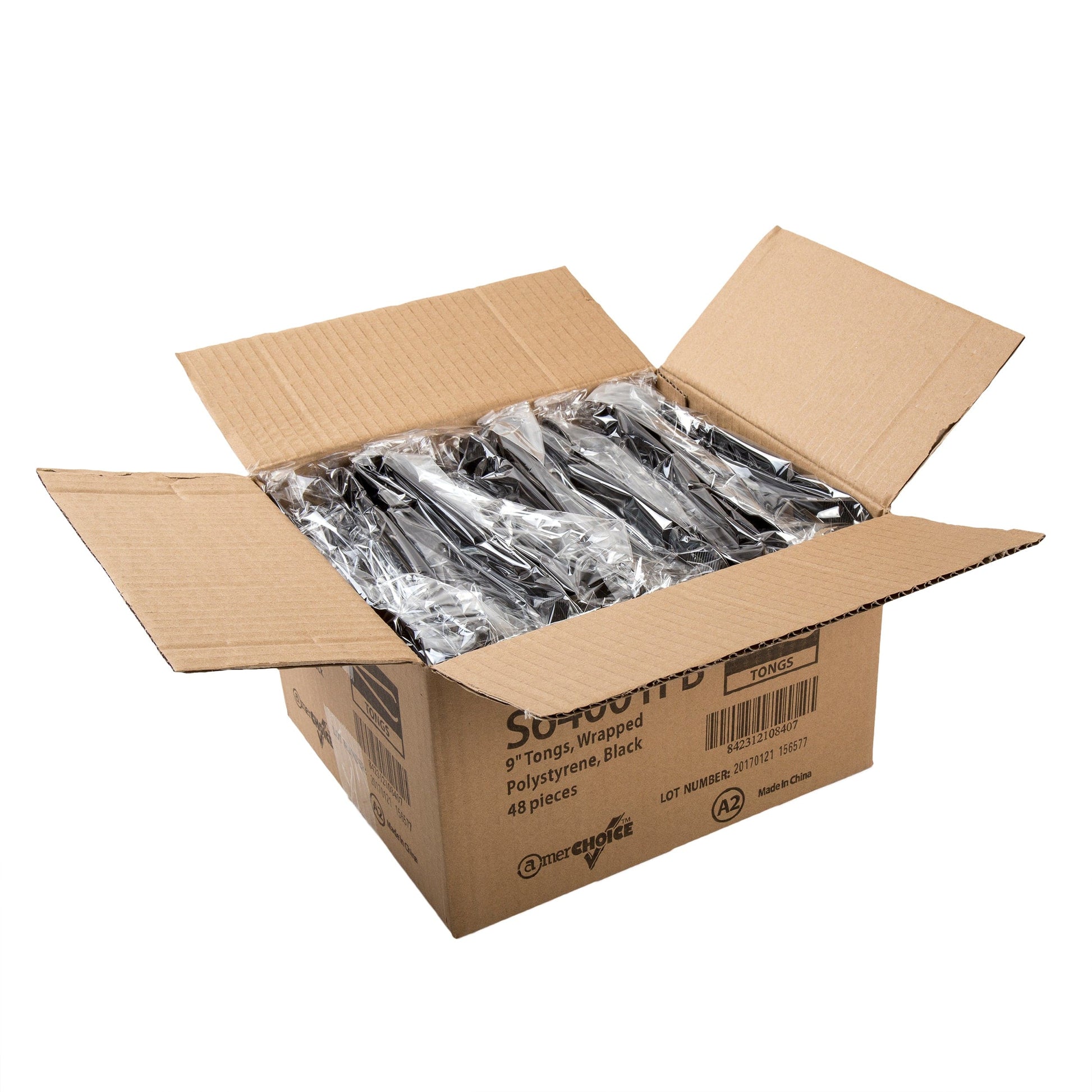 AmerCareRoyal Take-Out/Dine-In/Disposable Cutlery And Utensils/Disposable Utensils Black Polystyrene Individually Wrapped Tongs, Case of 48
