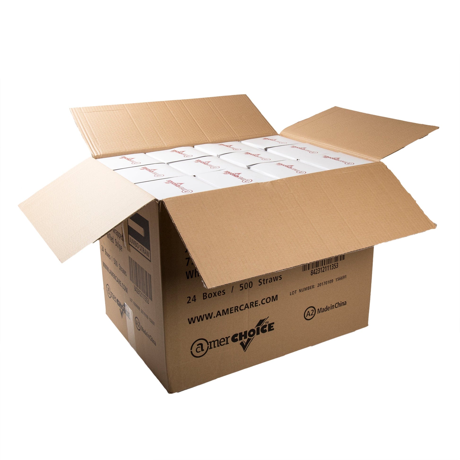 AmerCareRoyal Take-Out/Dine-In/Disposable Beverage Supplies/Straws 7.75" Jumbo White with Red Stripes Paper Wrapped Straws, Case of 12,000