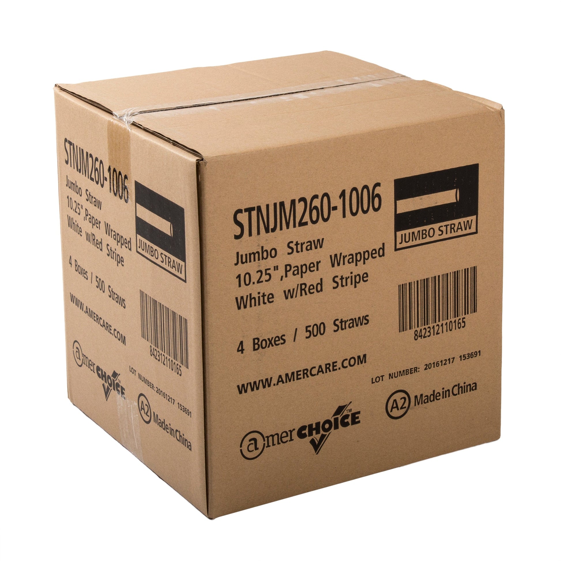 AmerCareRoyal Take-Out/Dine-In/Disposable Beverage Supplies/Straws 10.25" Jumbo White with Red Stripes Paper Wrapped Straws, Case of 2,000