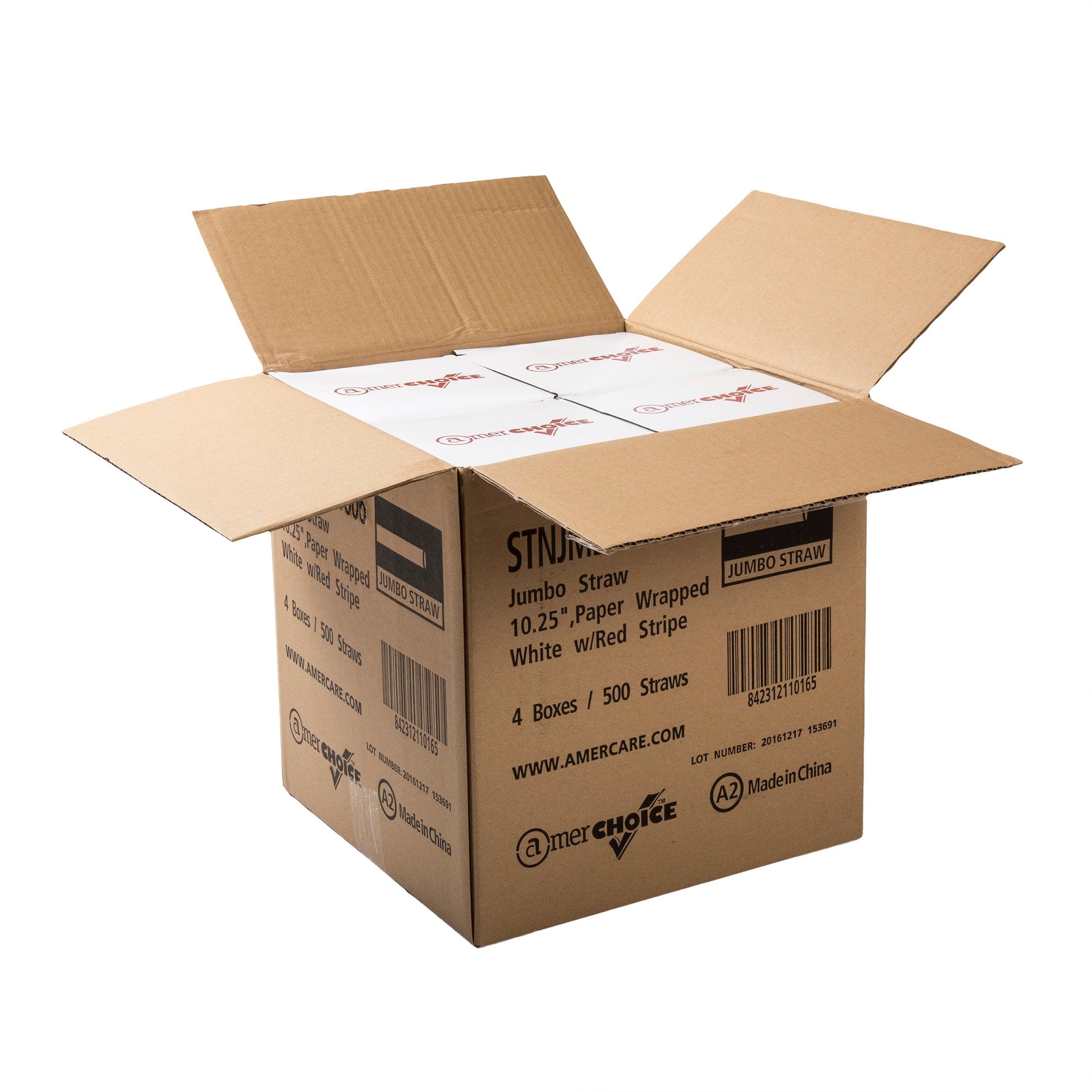 AmerCareRoyal Take-Out/Dine-In/Disposable Beverage Supplies/Straws 10.25" Jumbo White with Red Stripes Paper Wrapped Straws, Case of 2,000