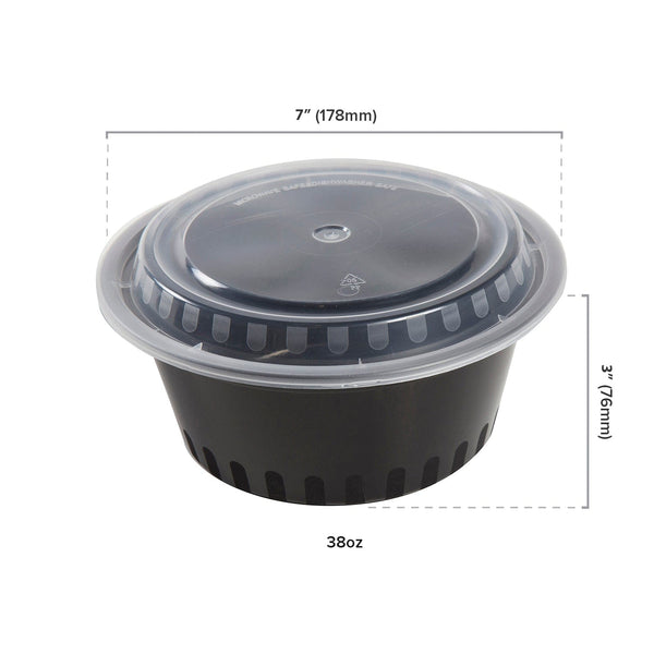 AmerCareRoyal Take-Out/Dine-In/Take Out Packaging/Microwavable Containers 38 oz. Round Black Containers and Lids, Case of 150