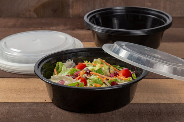 AmerCareRoyal Take-Out/Dine-In/Take Out Containers/Microwavable Containers 24 oz. Round Black Containers and Lids, Case of 150