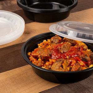 AmerCareRoyal Take-Out/Dine-In/Take Out Containers/Microwavable Containers 32 oz. Round Black Containers and Lids, Case of 150